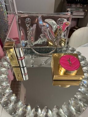 Yves Saint Laurent Silver Mirror-Effect Mini Tote w-Make Me Blush Fuchsia Fizz